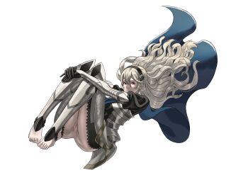 1girl absurdres armor armored_gloves armored_legwear armored_leotard ass barefoot black_gloves black_hairband black_sleeves blonde_hair blue_cape breasts cape closed_mouth eyelashes female_corrin_(fire_emblem) fire_emblem fire_emblem_fates full_body gloves hair_between_eyes hair_ornament hairband hairclip highres hugging_own_legs knees_up kozaki_yuusuke_(style) legs_together leotard light_smile long_hair looking_at_viewer nintendo no_panties official_style peacefulandflat pointy_ears puffy_sleeves pussy red_eyes sidelocks simple_background smile solo stirrup_legwear thighs toeless_legwear toenails toes white_background