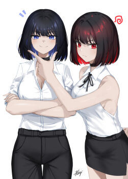Rule 34 | 2girls, alternate costume, arm behind back, bare shoulders, black survival, blue eyes, blue hair, blush, breasts, brown hair, chaciooh, crossed arms, debi (black survival), eternal return: black survival, marlene (black survival), medium breasts, multiple girls, office lady, pencil skirt, red eyes, red hair, serious, shirt, short hair, sideboob, skirt, sleveless shirt, smile, spiral, sulky look, sweatdrop, white background