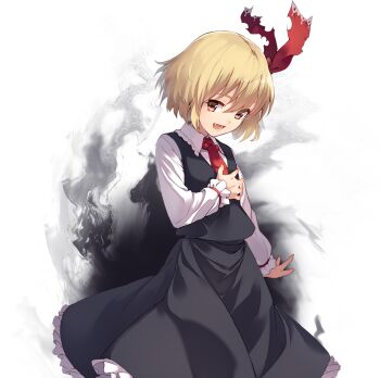 1girl ascot black_skirt black_vest blonde_hair collared_shirt darkness eho_(icbm) frilled_shirt_collar frills game_cg hair_ribbon labyrinth_of_touhou_(series) labyrinth_of_touhou_tri long_sleeves non-web_source official_art open_mouth red_ascot red_eyes red_ribbon ribbon rumia shirt skirt skirt_set smile solo torn_ribbon touhou transparent_background umbrakinesis vest white_shirt