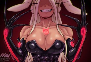 1girl animal_ears bare_shoulders black_dress black_gloves boku_no_hero_academia breasts chest_tattoo claws cleavage collarbone colorized commentary cosplay covered_abs covered_erect_nipples dark-skinned_female dark_skin dress elbow_gloves english_commentary fullmetal_alchemist gloves grin hands_up highres large_breasts long_eyelashes long_hair lust_(fma) lust_(fma)_(cosplay) mirko muscular muscular_female ouroboros parallaxfused parted_bangs rabbit_ears rabbit_girl red_eyes shaded_face smile solo strapless strapless_dress tattoo upper_body very_long_hair white_hair