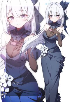 1girl absurdres black_dress black_gloves blue_archive blue_halo breasts cleavage dress elbow_gloves gloves halo highres large_breasts long_hair looking_at_viewer miyako_(blue_archive) ponytail purple_eyes smile solo standing to_(tototo_tk) white_hair zoom_layer