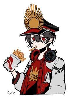 alternate_hair_length alternate_hairstyle black_hair buster_shirt crest cup disposable_cup eating family_crest fate/grand_order fate_(series) food food_in_mouth french_fries goma1021 hat headphones headphones_around_neck highres holding holding_food jacket letterman_jacket looking_at_viewer military_hat oda_nobunaga_(fate) oda_nobunaga_(swimsuit_berserker)_(fate) oda_nobunaga_(swimsuit_berserker)_(first_ascension)_(fate) oda_uri peaked_cap red_eyes short_hair simple_background
