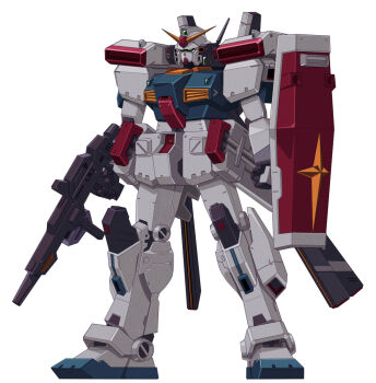 arm_shield beam_rifle clenched_hand commentary energy_gun full_body green_eyes gun gundam gundam_mk_ii holding holding_gun holding_weapon mecha mecha_focus missile_pod mobile_suit no_humans original rabo radio_antenna redesign robot science_fiction simple_background solo standing v-fin weapon white_background zeta_gundam