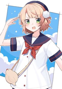 1girl :d alternate_costume animal_bag bag blonde_hair blue_hat blue_sailor_collar blunt_bangs border braid buttons green_eyes hair_ornament hair_rings handbag hat himabo indie_virtual_youtuber neckerchief open_mouth pom_pom_(clothes) pom_pom_hair_ornament red_neckerchief sailor_collar sailor_shirt salute shigure_ui_(vtuber) shirt short_hair side_braid side_part side_up_ring smile solo variant_set virtual_youtuber