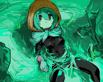 Rule 34 | 1girl, arm support, ayanami rei, black bodysuit, bodysuit, clock owo, commentary, evangelion: 3.0+1.0 thrice upon a time, headscarf, highres, looking at viewer, lying, mecha pilot suit, neon genesis evangelion, on back, on ground, partially submerged, plugsuit (evangelion), rebuild of evangelion, red eyes, rice paddy, short hair, water