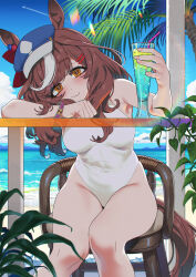 Rule 34 | 1girl, animal ears, bare shoulders, beach, blue hat, blue one-piece swimsuit, blue sky, bracelet, breasts, brown hair, cabbie hat, closed mouth, cloud, cloudy sky, commentary request, cup, drinking glass, ear ornament, hair ornament, hairclip, hat, highres, holding, holding cup, horse ears, horse girl, horse tail, jewelry, lens flare, long hair, matikane tannhauser (umamusume), medium breasts, multicolored hair, ocean, one-piece swimsuit, outdoors, sand, sarcophage, sitting, sky, smile, solo, streaked hair, swimsuit, table, tail, umamusume, water, white hair, yellow eyes