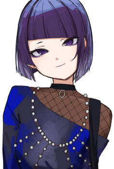 1girl absurdres blunt_bangs closed_mouth earrings eyelashes eyeshadow fishnets highres idolmaster idolmaster_shiny_colors jewelry makeup purple_eyes purple_eyeshadow purple_hair ryo---ta short_hair simple_background smile solo tanaka_mamimi upper_body white_background