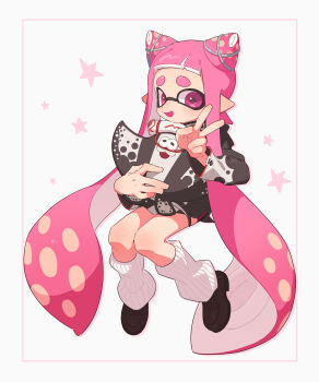 1girl absurdres big_man_(splatoon) black_jacket black_shoes character_doll doll full_body hair_horns hair_ornament highres holding holding_doll inkling inkling_girl inkling_player_character invisible_chair jacket long_hair long_sleeves looking_at_viewer nintendo open_mouth pink_eyes pink_hair pointy_ears shoes short_eyebrows sitting smile socks solo splatoon_(series) splatoon_3 surume01417 tentacle_hair thick_eyebrows v very_long_hair white_socks x_hair_ornament
