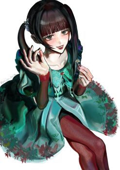 1girl absurdres black_nails blush commentary_request dress flower green_dress highres hisui_(phantom_siita) holding holding_flower long_sleeves looking_at_viewer nail_polish open_mouth pantyhose phantom_siita pis_pis_haine red_pantyhose simple_background solo twintails white_background