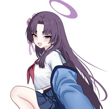 1girl absurdres blue_archive blue_haori blue_skirt breasts commentary english_commentary eyeshadow fang flower from_side hair_flower hair_ornament halo haori highres japanese_clothes long_hair looking_at_viewer looking_to_the_side makeup medium_breasts neckerchief nyatako open_mouth parted_bangs purple_eyes purple_hair red_eyeshadow red_neckerchief sailor_collar school_uniform shirt simple_background skin_fang skirt solo thick_eyebrows very_long_hair white_background white_sailor_collar white_shirt yukari_(blue_archive)