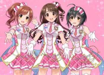 Rule 34 | 3girls, ahoge, arm garter, back bow, bare shoulders, belly chain, black hair, blue bow, blush, bow, breasts, brown eyes, brown hair, cowboy shot, dot nose, dress, finger to mouth, frilled skirt, frills, gloves, hair bow, hairband, hand up, highres, idolmaster, idolmaster cinderella girls, idolmaster cinderella girls starlight stage, igarashi kyoko, index finger raised, jewelry, kohinata miho, long hair, looking at viewer, medium breasts, multiple girls, natsuya (natuya777), necktie, one side up, open mouth, pink background, pink bow, pink check school (idolmaster), pink dress, pink hairband, pink necktie, plaid bow, plaid clothes, plaid skirt, reaching, reaching towards viewer, scrunchie, shimamura uzuki, short hair, short sleeves, side ponytail, skirt, sleeveless, sleeveless dress, smile, sparkle background, standing, teeth, thighhighs, upper teeth only, white gloves, white scrunchie, white thighhighs, wrist scrunchie, zettai ryouiki