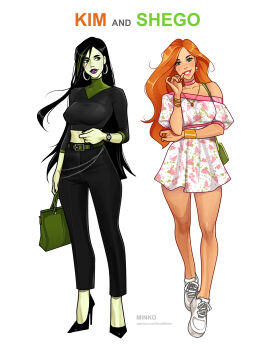 2girls alternate_costume artist_name bag black_footwear black_hair black_pants black_shirt bracelet character_name colored_skin dress earrings english_text floral_print floral_print_dress full_body green_bag green_eyes green_skin high_heels highres holding holding_bag hoop_earrings jewelry kim_possible kim_possible_(series) long_hair looking_at_viewer midriff multiple_girls necklace olena_minko orange_hair pants patreon_username print_dress purple_lips shego shirt shoes simple_background sneakers watch watermark web_address white_background white_dress white_footwear white_shoes wristwatch