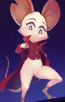 1girl :3 animal animal_ears bar_censor barefoot black_eyes blush breasts brown_shirt censored coat conoghi furry loli long_sleeves looking_at_viewer mina_(mina_the_hollower) mina_the_hollower mouse_(animal) mouse_ears mouse_girl mouse_tail night night_sky open_clothes open_coat pussy red_coat removing_coat shirt sky sleeveless sleeveless_shirt small_breasts smile standing star_(sky) starry_sky tail white_fur