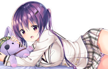 1girl :d bed_sheet commentary_request eyepatch gochuumon_wa_usagi_desu_ka? hair_ornament hairclip jacket kurou_(quadruple_zero) long_hair long_sleeves looking_at_viewer lying necktie on_side open_mouth panties pantyshot plaid_clothes plaid_necktie plaid_panties pleated_skirt purple_eyes purple_hair school_uniform simple_background skirt smile solo stuffed_animal stuffed_rabbit stuffed_toy tedeza_rize tedeza_rize&#039;s_school_uniform twintails underwear white_background white_jacket