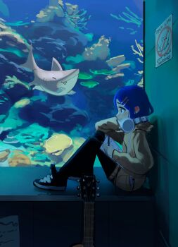 1girl absurdres acoustic_guitar against_wall aquarium audio_cable black_pants black_shoes blue_eyes blue_hair cable closed_eyes closed_mouth commentary drawing_(action) english_commentary english_text fang guantanima_ii_(shadches72) guitar headphones headphones_around_neck highres holding holding_pen hood hood_down hoodie instrument looking_at_another medium_hair monasterio_(shadches72) mp3_player multicolored_shoes no_symbol notebook original pants pen shadches72 shark shoes sign sitting submerged swimming two-tone_shoes wavy_mouth white_shoes yellow_hoodie
