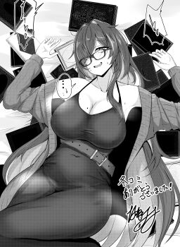 ... 1girl absurdres bare_shoulders breasts cleavage colored_inner_hair commentary_request covered_navel dress glasses goddess_of_victory:_nikke greyscale highres label_(nikke) large_breasts long_dress long_hair mole mole_on_breast monochrome multicolored_hair namomihagi010 open_mouth solo speech_bubble sweat sweater translation_request