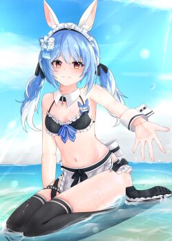 Rule 34 | 1girl, absurdres, animal ears, apron, bare shoulders, bikini, black bikini, black thighhighs, blue hair, blue sky, blush, bow, bow bikini, breasts, commentary, detached collar, english commentary, frilled bikini, frills, highres, hololive, looking at viewer, maid, maid bikini, maid headdress, navel, outdoors, outstretched arm, partially submerged, rabbit ears, rabbit tail, shoe soles, sitting, sky, small breasts, smile, solo, st-147, swimsuit, tail, thick eyebrows, thighhighs, twintails, unconventional maid, usada pekora, usada pekora (holonatsu paradise), virtual youtuber, waist apron, wariza, yellow eyes