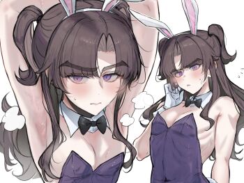 1boy animal_ear_hairband animal_ears arms_behind_head arms_up ayase_ayato_(imamiya_pinoko) black_bow black_bowtie blush bow bowtie brown_hair closed_mouth covered_navel crossdressing crossdressing_(mtf) fake_animal_ears fake_tail flying_sweatdrops gloves hairband highres imamiya_pinoko leotard long_hair looking_at_viewer male_focus original parted_lips purple_hair purple_leotard rabbit_ear_hairband rabbit_ears rabbit_tail ribs solo sweat tail thick_eyebrows trap white_gloves white_hairband