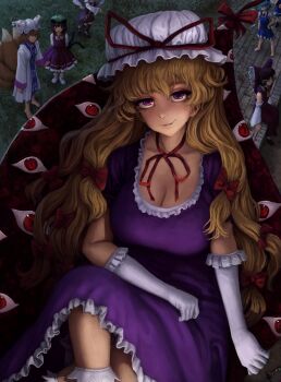 6+girls absurdres blonde_hair bow bowtie breasts chen cirno cleavage daiyousei elbow_gloves flandre_scarlet frilled_thighhighs frills gap_(touhou) gloves hair_bow hakurei_reimu highres krattking large_breasts long_hair looking_at_viewer multiple_girls multiple_hair_bows mystia_lorelei purple_eyes purple_hair red_bow red_bowtie thighhighs touhou very_long_hair white_gloves white_thighhighs yakumo_ran yakumo_yukari