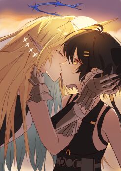 2girls absurdres armored_gloves bare_shoulders bellisword black_hair blonde_hair blue_hair breasts closed_eyes colored_inner_hair crown_of_thorns earrings female_rover_(wuthering_waves) fleurdelys_(wuthering_waves) floating_earrings highres horns jewelry long_hair long_horns looking_at_another low_ponytail medium_breasts multicolored_hair multiple_girls pointy_ears ponytail rover_(wuthering_waves) single_horn wuthering_waves yellow_eyes yellow_horns yuri