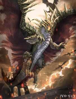 Rule 34 | claws, dragon, dragon claw, dragon horns, dragon tail, dragon wings, fantasy, flying, glowing mouth, guanzorumo (monster hunter), highres, horns, oversized wings, monster, monster hunter (series), monster hunter frontier, no86484588, no humans, scales, sky, tail, western dragon, wings