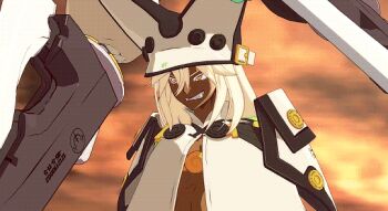 1girl 3d animated animated_gif arc_system_works belt belt_bra bra breasts cape dark_skin dark-skinned_female elphelt_valentine female_focus guilty_gear guilty_gear_xrd guilty_gear_xrd:_revelator hat large_breasts long_hair open_bra orange_eyes ramlethal_valentine sharp_teeth short_shorts shorts silver_hair solo teeth underboob underwear