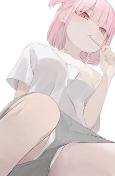 1girl bare_shoulders collarbone grey_shorts highres hiroki_(yyqw7151) lollipop_in_mouth off_shoulder one_side_up original panties panties_under_shorts pink_eyes pink_hair shirt short_hair shorts simple_background solo t-shirt underwear white_background white_panties white_shirt