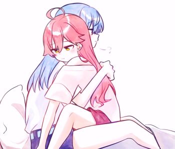 2girls blue_hair blue_shorts blush closed_mouth highres hololive hoshimachi_suisei hug long_hair multiple_girls off_shoulder pillow pink_hair pink_shorts purple_eyes sakura_miko shirt shorts simple_background smile star_(symbol) star_in_eye symbol_in_eye white_background white_shirt yellow_eyes yumi5469 yuri