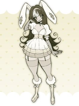 1girl @_@ absurdres angelbite_(piercing) animal_ears black_hair boots curled_ends dreamalgia dress eyelashes fingerless_gloves fingernails fishnet_gloves fishnets gloves hairband highres long_hair original rabbit_ears rabbit_girl snakebite_(piercing) solo thighhighs white_dress