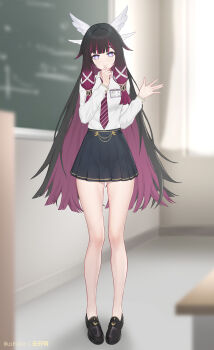 1girl alternate_costume artist_name black_hair black_shoes black_skirt blurry blurry_background breasts chinese_commentary classroom closed_mouth collared_shirt colored_inner_hair columbina_(genshin_impact) commentary_request genshin_impact gradient_hair hair_ornament hand_on_own_chin hand_up highres id_card indoors long_hair long_sleeves looking_at_viewer medium_breasts moon-shaped_pupils multicolored_hair necktie paid_reward_available purple_eyes purple_hair purple_necktie shirt shirt_tucked_in shoes skirt smile solo striped_necktie thighs very_long_hair waving white_shirt wing_hair_ornament yunkaiming