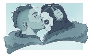 2boys bara beard_stubble black_hair blue_theme blush call_of_duty call_of_duty:_modern_warfare_2 couple cropped_shoulders facial_hair from_side ghost_(modern_warfare_2) headphones heart kiss kissing_forehead male_focus mask mature_male multiple_boys mustache_stubble profile short_hair skull_mask soap_(modern_warfare_2) spot_color stubble thick_eyebrows undercut wispscribbles yaoi
