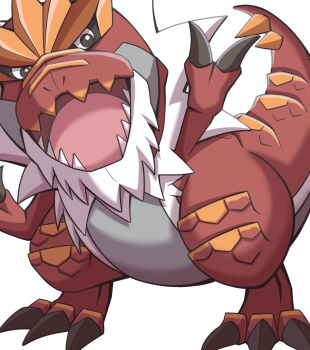 commentary_request dinosaur ganbarai gen_6_pokemon highres looking_at_viewer nintendo no_humans open_mouth pokemon pokemon_(creature) pokemon_focus sharp_teeth simple_background solo teeth tyrantrum white_background