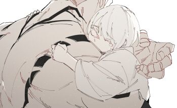 1boy 1other adoptive_parent_and_adoptive_child aged_down back_tattoo closed_eyes comforting crying highres hug jujutsu_kaisen koshinomoli muscular muscular_male neck_tattoo pale_skin ryoumen_sukuna_(jujutsu_kaisen) ryoumen_sukuna_(true_form)_(jujutsu_kaisen) sketch tattoo tears uraume_(jujutsu_kaisen) white_background white_hair
