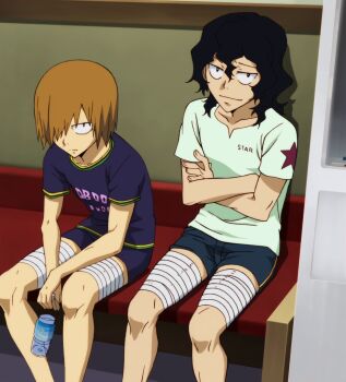 2boys anime_screenshot aoyagi_hajime bandages black_hair bottle brown_hair hair_over_one_eye highres looking_at_viewer multiple_boys sitting stitched teshima_junta third-party_edit yowamushi_pedal