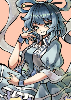 Rule 34 | 1girl, absurdres, blue dress, blue eyes, blue hair, breasts, cleavage, collared vest, cowboy shot, dress, frilled dress, frilled sleeves, frills, hagoromo, hair ornament, hair rings, hair stick, hand up, highres, jewelry, kaku seiga, looking at viewer, medium breasts, open clothes, open mouth, open vest, orange background, puffy short sleeves, puffy sleeves, ring, shawl, short hair, short sleeves, sidelocks, simple background, smile, solo, sparkle, touhou, user jnhm8724, vest, white vest, wristband