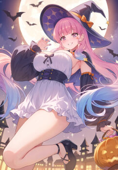 Rule 34 | 1girl, bat (animal), black capelet, black shoes, black sleeves, blue hair, blue nails, blunt bangs, blush, breasts, capelet, commentary request, detached sleeves, dress, fang, frilled dress, frills, full moon, gradient hair, grin, halloween, hat, high heels, highres, holding, holding pumpkin, indie virtual youtuber, jack-o'-lantern, large breasts, leg up, long hair, mole beside mouth, moon, multicolored hair, nail polish, night, nun 9, pink eyes, pink hair, puffy sleeves, pumpkin, ruriko (vtuber), shoes, smile, solo, standing, standing on one leg, strapless, strapless dress, thighs, virtual youtuber, witch, witch hat
