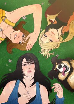 3girls absurdres angelo_(ff8) arm_ribbon armpits bare_arms bare_shoulders black_gloves black_hair black_ribbon black_shirt blue_cardigan blue_eyes blue_sleeves blue_sweater brown_hair brown_sleeves cardigan detached_sleeves dog final_fantasy final_fantasy_viii flower gloves grass green_eyes grey_eyes hair_between_eyes hand_on_own_cheek hand_on_own_face highres holding holding_jewelry holding_necklace jewelry long_hair lying multicolored_hair multiple_girls necklace noctglaiveart on_back orange_vest overalls parted_bangs parted_lips quistis_trepe ribbon ring ring_necklace rinoa_heartilly selphie_tilmitt shading_eyes shell shell_necklace shirt short_hair sleeveless sleeveless_sweater streaked_hair sweater tongue tongue_out updo upper_body vest yellow_overalls