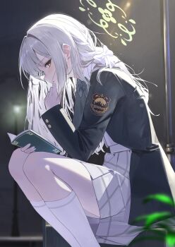 1girl absurdres blue_archive bow bowtie braid comiket_107 diagonal-striped_bow diagonal-striped_bowtie diagonal-striped_clothes flower_halo green_bow green_halo grey_skirt hair_ribbon halo hazel_eyes highres koutannkoburia miyo_(blue_archive) ribbon ribbon_braid skirt solo striped_bow striped_bowtie striped_clothes