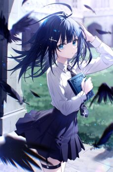 1girl antenna_hair arm_up bird black_bird black_hair black_necktie black_skirt blue_eyes book bush closed_mouth collared_shirt commentary cowboy_shot cross cross_hair_ornament crow day falling_feathers feathers hair_ornament hand_on_own_head highres holding holding_book holding_rosary kazunehaka latin_cross light_particles long_hair long_sleeves looking_at_viewer miniskirt necktie original outdoors pleated_skirt rosary school_uniform shirt skirt solo standing symbol-only_commentary thigh_strap white_shirt wing_collar