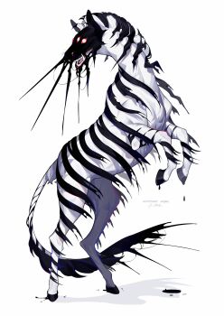 absurdres alternate_species animal_focus colored_sclera commentary constricted_pupils corruption crrn dark_persona dream_tiger_(govy9807) dripping english_commentary from_side full_body highres hooves liquid living_shadow looking_at_viewer monster monster_focus no_humans open_mouth original possessed possession rearing red_sclera signature simple_background solo third_eye tusks twitter_username white_background yellow_eyes zebra