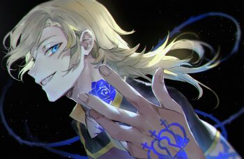 1boy black_background blonde_hair blue_eyes blue_flower blue_lock blue_rose flower grin hand_tattoo highres looking_at_viewer male_focus medium_hair michael_kaiser mm39572 neck_tattoo rose smile soccer_uniform solo sportswear tattoo teeth upper_body
