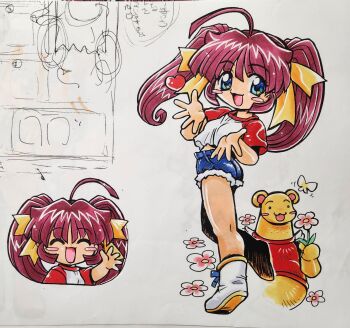 1boy 1girl ^_^ ahoge arm_up ass bear bear_boy blue_eyes blue_shorts blush_stickers boots breasts bug butterfly chibi closed_eyes comic_candy_time commentary cutoffs denim denim_shorts flower full_body furry furry_male hair_ribbon heart highres holding holding_flower insect kinako_(comic_candy_time) kokomahi long_hair looking_at_viewer looking_back midriff_peek multiple_views official_art open_hands open_mouth pink_flower pink_hair portrait red_shirt ribbon shirt short_shorts shorts sketch_inset small_breasts smile standing star_(symbol) star_in_eye symbol_in_eye traditional_media twintails twisted_torso waving white_background white_boots yellow_ribbon