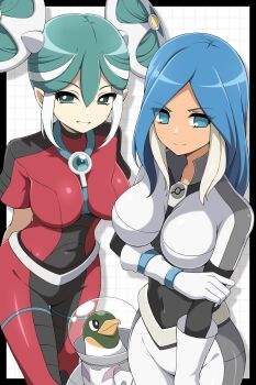 2girls absurdres aqua_hair beta_(inazuma_eleven) bird black_bodysuit blue_eyes blue_hair bodysuit breasts character_request check_character closed_mouth commentary_request covered_navel double_bun gloves green_eyes green_hair hair_bun helmet highres inazuma_eleven inazuma_eleven_(series) inazuma_eleven_go inazuma_eleven_go_chrono_stone large_breasts long_hair long_sleeves multicolored_hair multiple_girls open_mouth red_bodysuit shabana_may short_sleeves smile space_helmet two-tone_hair urubida white_bodysuit white_gloves white_hair