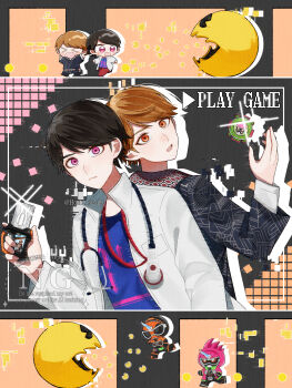 Rule 34 | 1other, 2boys, absurdres, back-to-back, blue shirt, brown hair, chibi, chibi inset, commentary request, crossover, english text, eyecon, frown, gashat, glitch, highres, holding, hoshi no shizuku, houjou emu, kamen rider, kamen rider ex-aid, kamen rider ex-aid (series), kamen rider ghost, kamen rider ghost (series), lab coat, looking at viewer, looking back, multicolored shirt, multiple boys, orange eyes, pac-man, pac-man (game), pink eyes, rider gashat, running, shirt, short hair, stethoscope around neck, sweatdrop, tenkuuji takeru, tokusatsu