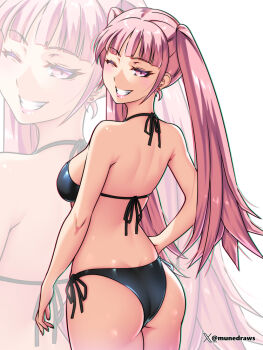 1girl alternate_costume ass back bikini black_bikini blush breasts etchimune fire_emblem fire_emblem:_three_houses from_behind hilda_valentine_goneril long_hair looking_at_viewer looking_back medium_breasts nintendo open_mouth pink_eyes pink_hair simple_background smile solo swimsuit teeth twintails twitter_username upper_body white_background