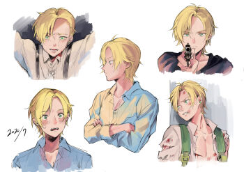 1boy absurdres ahoge aiming aiming_at_viewer amo_(amo_0514) antenna_hair ash_lynx banana_fish black_shirt bleeding blonde_hair blood blood_on_chest blood_on_clothes blood_on_face blood_on_neck blue_shirt blush clenched_teeth closed_mouth collarbone collared_shirt commentary cropped_torso crossed_arms crying crying_with_eyes_open curtained_hair cuts dated earrings english_commentary furrowed_brow green_eyes gun hand_up handgun highres holding holding_gun holding_weapon injury jewelry long_sleeves looking_at_viewer looking_to_the_side male_focus multiple_views open_clothes open_collar open_mouth open_shirt parted_bangs profile revolver scowl shirt short_hair shoulder_strap simple_background solo surprised suspenders tears teeth torn_clothes torn_shirt turning_head weapon white_background white_shirt wide-eyed