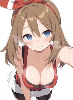 1girl bike_shorts bike_shorts_under_shorts blue_eyes blush bow_hairband breasts brown_hair cleavage collarbone commentary_request cowboy_shot dot_nose hachi0571 hair_between_eyes hairband highres large_breasts leaning_forward looking_at_viewer may_(pokemon) medium_breasts nintendo outstretched_arm partial_commentary pokemon pokemon_oras presenting_breasts red_hairband red_shirt shirt short_shorts shorts sidelocks sleeveless sleeveless_shirt smile solo standing steaming_body sweat white_shorts