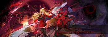 Rule 34 | 1girl, absurdres, black gloves, black thighhighs, blonde hair, blood, blood on face, cape, chinese commentary, commentary request, dodo1996, dress, drill hair, english text, eve online, gloves, glowing, glowing eyes, highres, horns, long hair, looking at viewer, personification, pleated dress, quad drills, red cape, red dress, red eyes, red horns, solo, thighhighs, titan (eve online), very long hair, zettai ryouiki