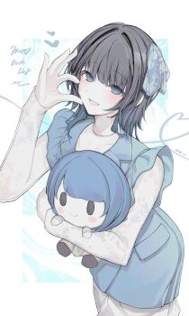 1girl :d black_hair blue_dress blue_eyes blue_hair blush character_doll character_name collarbone commentary_request cowboy_shot doll dress frilled_dress frills hair_ornament half-heart_hands hand_up happy_birthday heart highres holding hugging_doll hugging_object kiritani_haruka lace_dress long_sleeves looking_at_viewer medium_hair mole mole_on_cheek mole_on_collarbone multiple_moles open_mouth pale_skin pocket project_sekai qf_ivi real_life see-through_clothes see-through_dress sidelocks smile solo standing teeth translucent twitter_username upper_teeth_only voice_actor_connection wolf_cut yoshioka_mayu