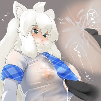 1boy 1girl ahoge animal_ear_fluff animal_ears blank_censor blue_necktie blush breasts button_gap censored commentary_request covered_erect_nipples cum cum_on_body cum_on_breasts cum_on_upper_body ejaculation elbow_gloves gloves grey_background grey_eyes hair_between_eyes heart heart_in_eye hetero highres huge_breasts kemono_friends large_breasts lets0020 lion_ears lion_girl long_hair looking_at_penis looking_down necktie no_bra numbered open_mouth paizuri paizuri_under_clothes penis plaid_clothes plaid_necktie shirt short_sleeves simple_background solo_focus symbol_in_eye upper_body very_long_hair white_gloves white_hair white_lion_(kemono_friends) white_shirt